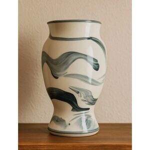 Vintage Japanese Studio Pottery Vase Ink Brush Blue Gray Modernist Crackle